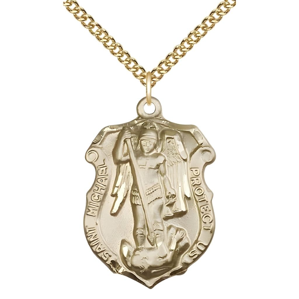 Bliss Shield St. Michael  the Archangel 14kt Gold Oval Medal Pendant with 14kt Gold Chain, Measures 1 1/4-inch tall by 3/4 wide. Deluxe Gift Box.