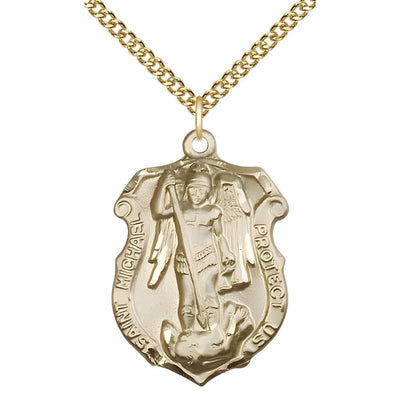 Shield St. Michael the Archangel 14kt Gold Oval Medal Pendant with 14kt Gold Chain, Measures 1 1/4-inch tall by 3/4 wide. Deluxe Gift Box, Bliss Manufacturing