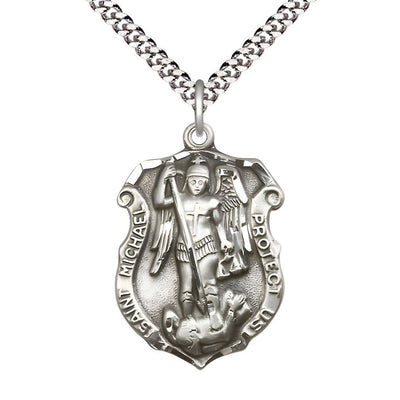 Shield St. Michael the Archangel Sterling Silver Oval Medal Pendant with Rhodium-plated Chain, Measures 1 1/4-inch tall by 3/4 wide. Deluxe Gift Box, Bliss Manufacturing