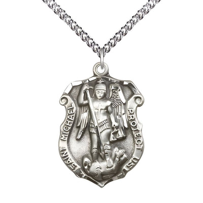 Shield St. Michael the Archangel Sterling Silver Oval Medal Pendant with Sterling Silver Chain, Measures 1 1/4-inch tall by 3/4 wide. Deluxe Gift Box, Bliss Manufacturing
