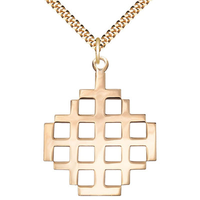 14kt Gold-filled Jerusalem Cross Extra Large Medal Necklace with Gold-plated Chain, Measures 2 3/8-inch tall by 2-inch wide, Bliss Manufacturing