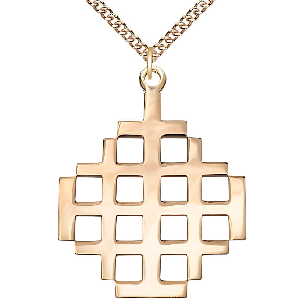 Bliss 14kt Gold Jerusalem Cross Extra Large Medal Necklace with Gold 14kt Chain, Measures 2 3/8-inch tall by 2-inch wide