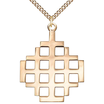 14kt Gold Jerusalem Cross Extra Large Medal Necklace with Gold 14kt Chain, Measures 2 3/8-inch tall by 2-inch wide, Bliss Manufacturing