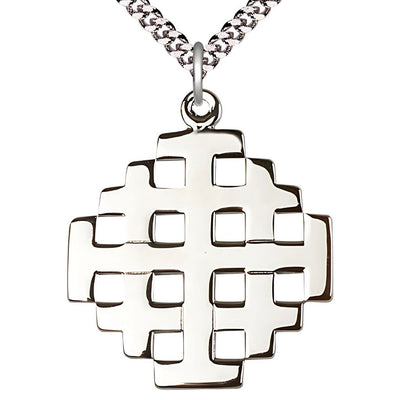 Sterling Silver Jerusalem Cross Extra Large Medal Necklace with Plated Chain, Measures 2 3/8-inch tall by 2-inch wide, Bliss Manufacturing