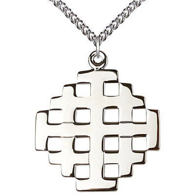 Sterling Silver Jerusalem Cross Extra Large Medal Necklace with Sterling Silver Chain, Measures 2 3/8-inch tall by 2-inch wide, Bliss Manufacturing