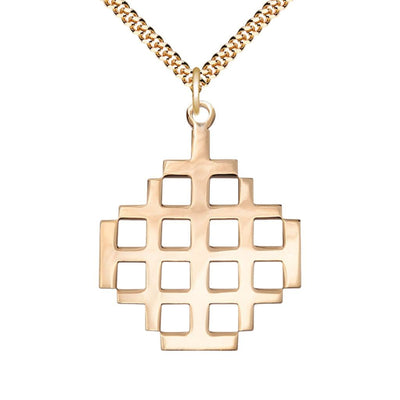 Jerusalem Cross Large 14kt Gold-filled Medal Necklace with Plated Chain, Measures 1 3/8-inch tall by 1 1/8-inch wide, Bliss Manufacturing