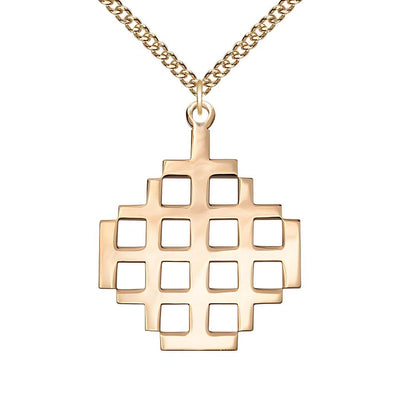 Jerusalem Cross Large 14kt Gold-filled Medal Necklace with Gold-filled Chain, Measures 1 3/8-inch tall by 1 1/8-inch wide, Bliss Manufacturing