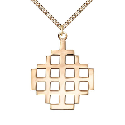 Jerusalem Cross Large 14kt Gold Medal Necklace with 14kt Gold Chain, Measures 1 3/8-inch tall by 1 1/8-inch wide, Bliss Manufacturing