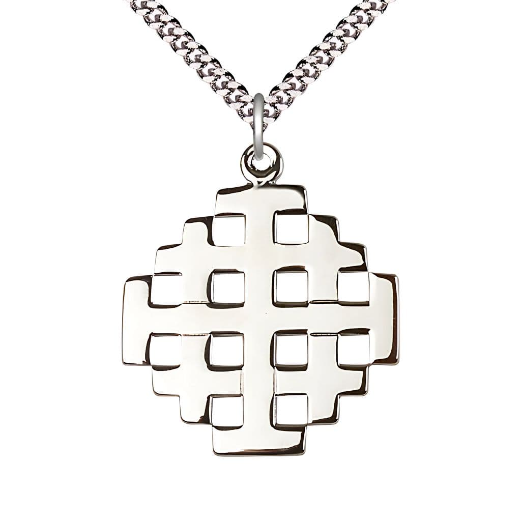 Bliss Jerusalem Cross Large Sterling Silver Medal Necklace with Plated Chain, Measures 1 3/8-inch tall by 1 1/8-inch wide