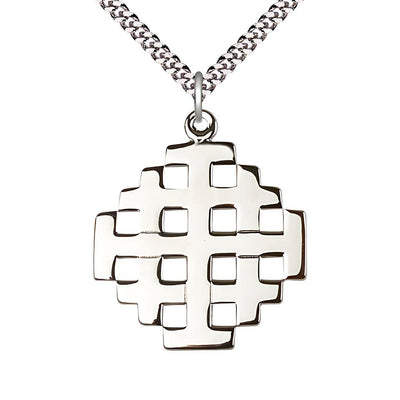 Jerusalem Cross Large Sterling Silver Medal Necklace with Plated Chain, Measures 1 3/8-inch tall by 1 1/8-inch wide, Bliss Manufacturing