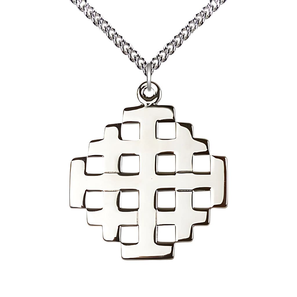 Bliss Jerusalem Cross Large Sterling Silver Medal Necklace with Sterling Chain, Measures 1 3/8-inch tall by 1 1/8-inch wide