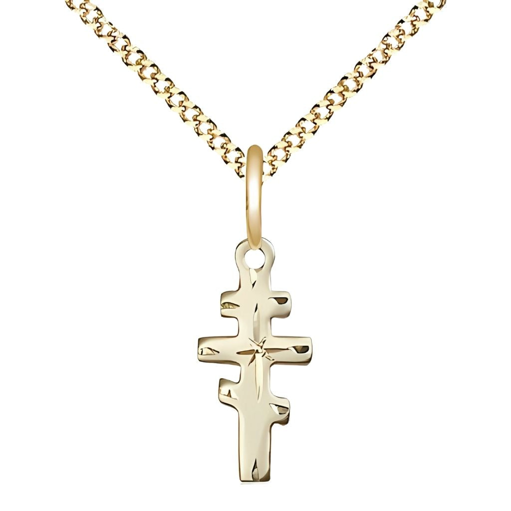 Bliss Greek Orthodox Cross 14kt Gold-filled Medal Necklace with Gold-plated Light Curb Chain, Measures 5/8-inch tall by 1/4-inch wide