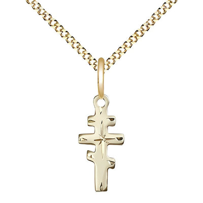 Greek Orthodox Cross 14kt Gold-filled Medal Necklace with Gold-plated Light Curb Chain, Measures 5/8-inch tall by 1/4-inch wide, Bliss Manufacturing