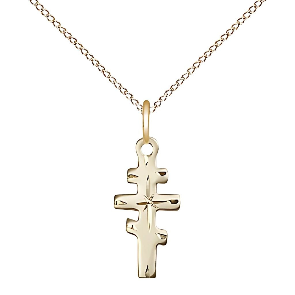 Bliss Greek Orthodox Cross 14kt Gold-filled Medal Necklace with 14kt Gold Light Curb Chain, Measures 5/8-inch tall by 1/4-inch wide