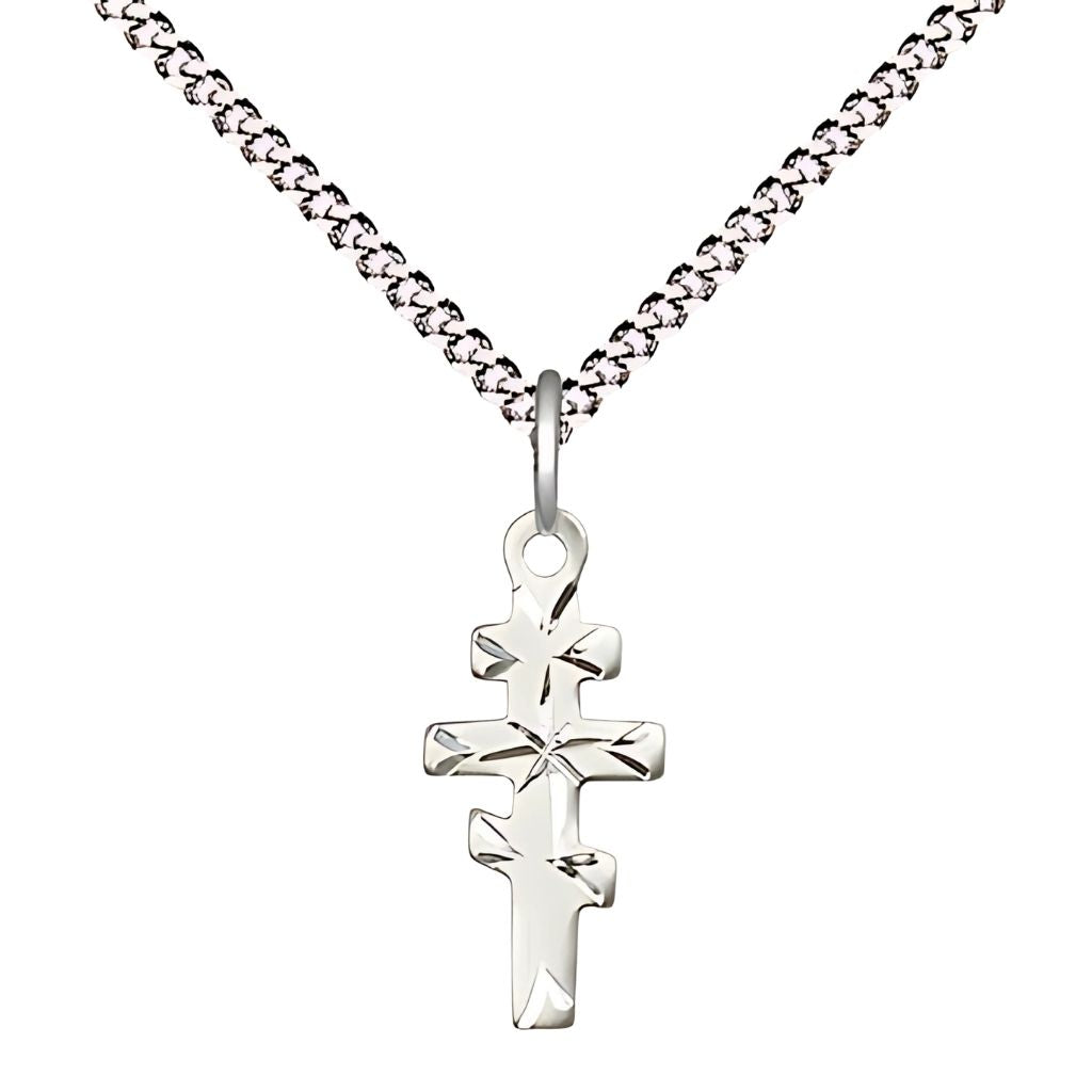 Bliss Greek Orthodox Cross Sterling Silver Medal Necklace with Rhodium-plated Light Curb Chain, Measures 5/8-inch tall by 1/4-inch wide