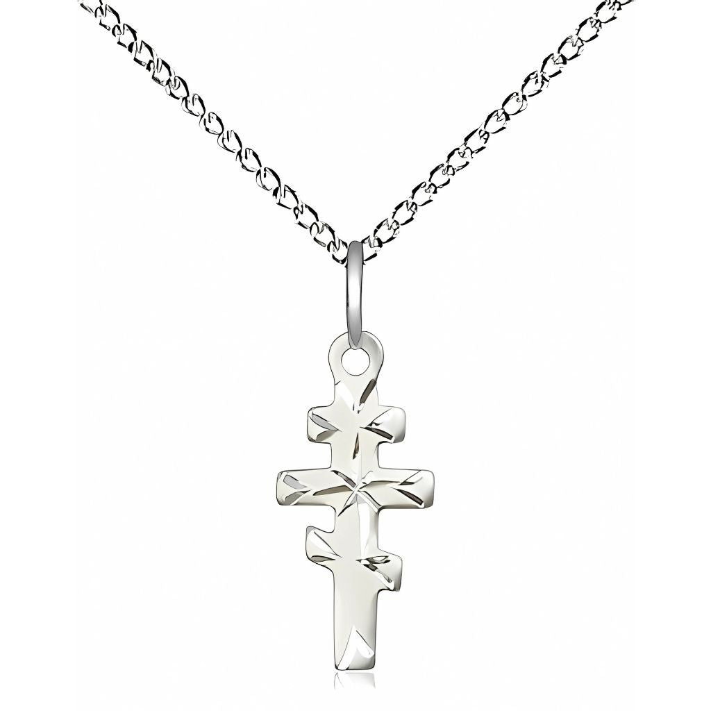 Bliss Greek Orthodox Cross Sterling Silver Medal Necklace with Sterling Silver Light Curb Chain, Measures 5/8-inch tall by 1/4-inch wide