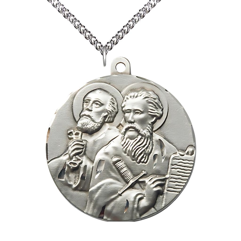 Bliss St. Peter & St. Paul Large Sterling Silver Medal Pendant with Sterling Chain, 1 5/8-inch,