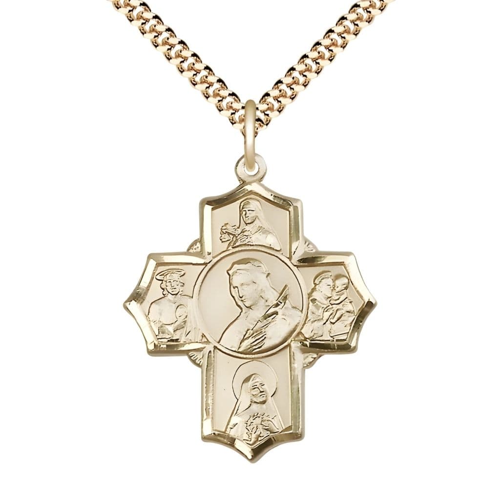 Bliss Gold-filled 5-Way Cross Medal with  Gold-plated Chain, Saints Philomena, Theresa, Rita, Anthony & Jude. Order now!