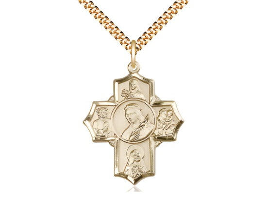 5-Way Gold-filled Cross St Philomena, Theresa, Rita, Anthony & Jude Medal w/Plated Chain