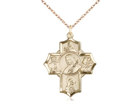 5-Way Gold-filled Cross St Philomena, Theresa, Rita, Anthony & Jude Medal w/Rope Chain