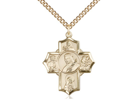 5-Way Gold-filled Cross St Philomena, Theresa, Rita, Anthony & Jude Medal w/GF Curb Chain