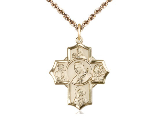 5-Way Gold-filled Cross St Philomena, Theresa, Rita, Anthony & Jude Medal w/GF French Rope Chain