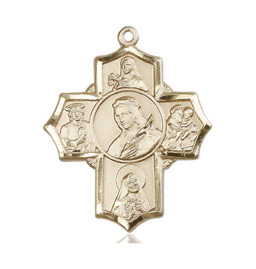 Bliss 5-Way 14kt Gold Cross St Philomena, Theresa, Rita, Anthony & Jude Medal No Chain,