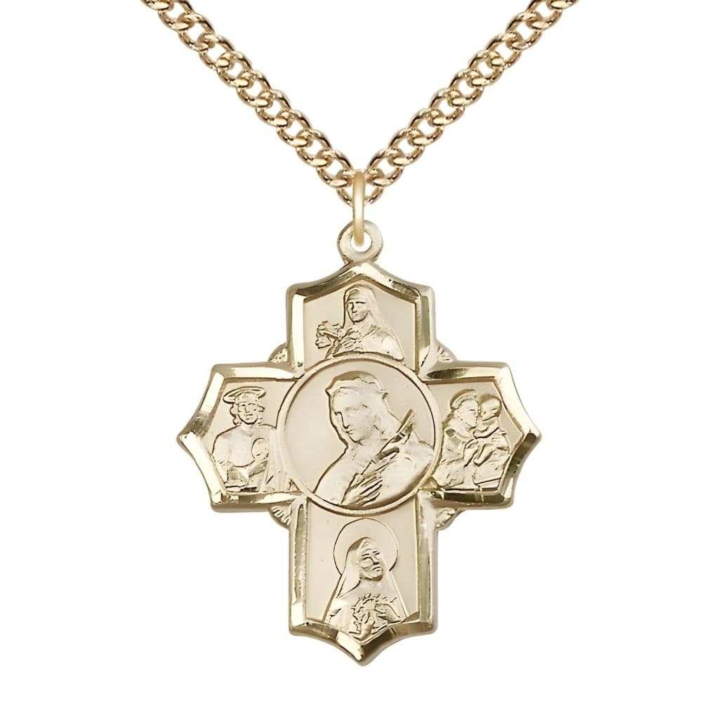 Bliss 14kt Gold 5-Way Medal with 14kt Gold Curb Chain, Saints: St. Theresa, St. Jude Thaddeus, St. Rita of Cascia, St. Anthony of Padua, and St. Philomena,