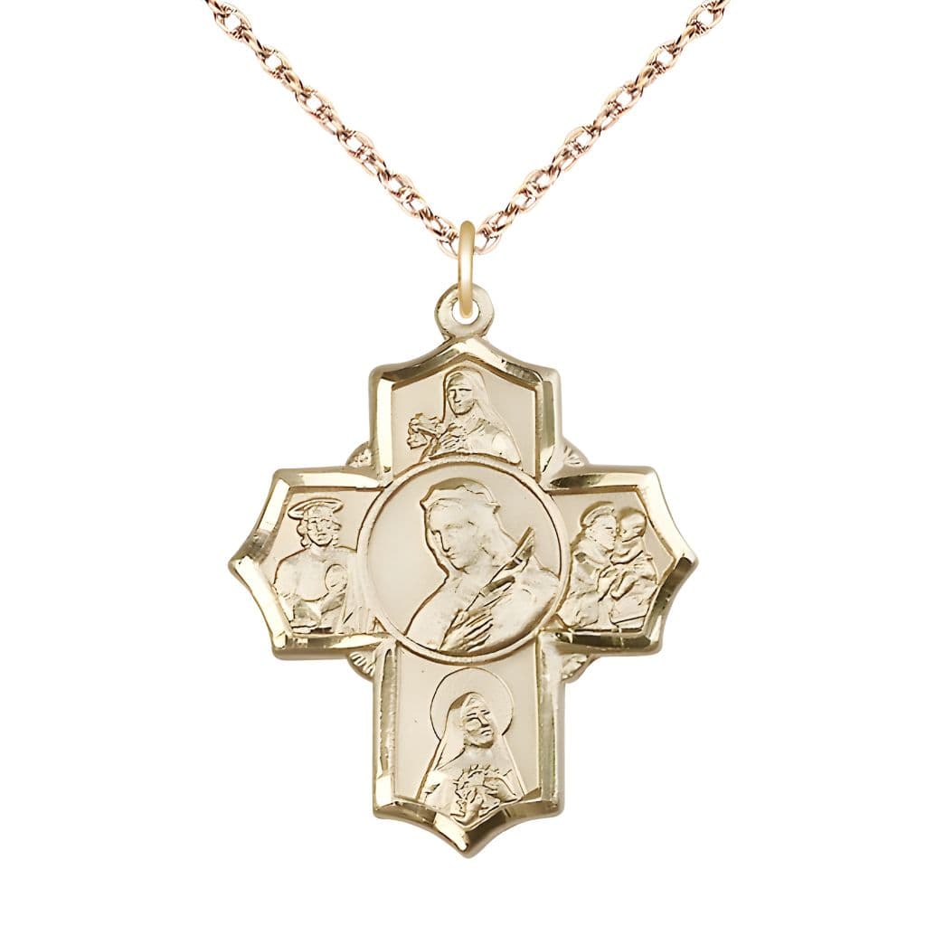 Bliss 14kt Gold 5-Way Medal with 14kt Gold Rope Chain, Saints: St. Theresa, St. Jude Thaddeus, St. Rita of Cascia, St. Anthony of Padua, and St. Philomena,