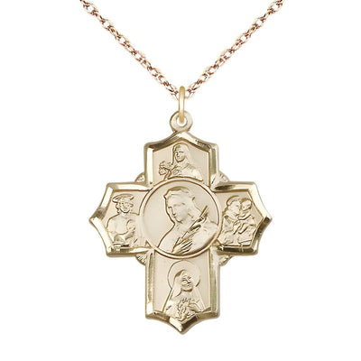 14kt Gold 5-Way Medal with 14kt Gold Rope Chain, Saints: St. Theresa, St. Jude Thaddeus, St. Rita of Cascia, St. Anthony of Padua, and St. Philomena, Bliss Manufacturing