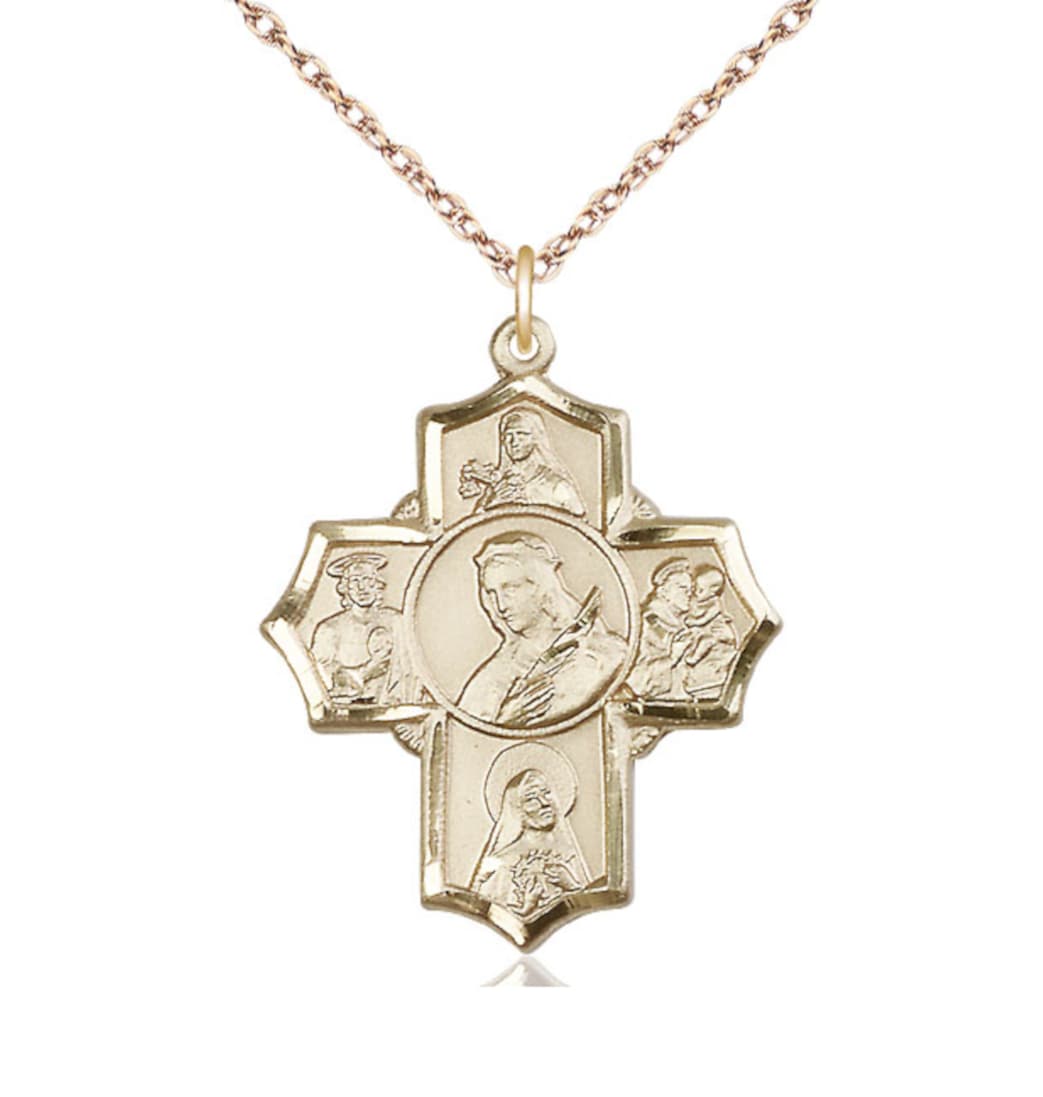 Bliss 5-Way 14kt Gold Cross St Philomena, Theresa, Rita, Anthony & Jude Medal with Rope Chain,