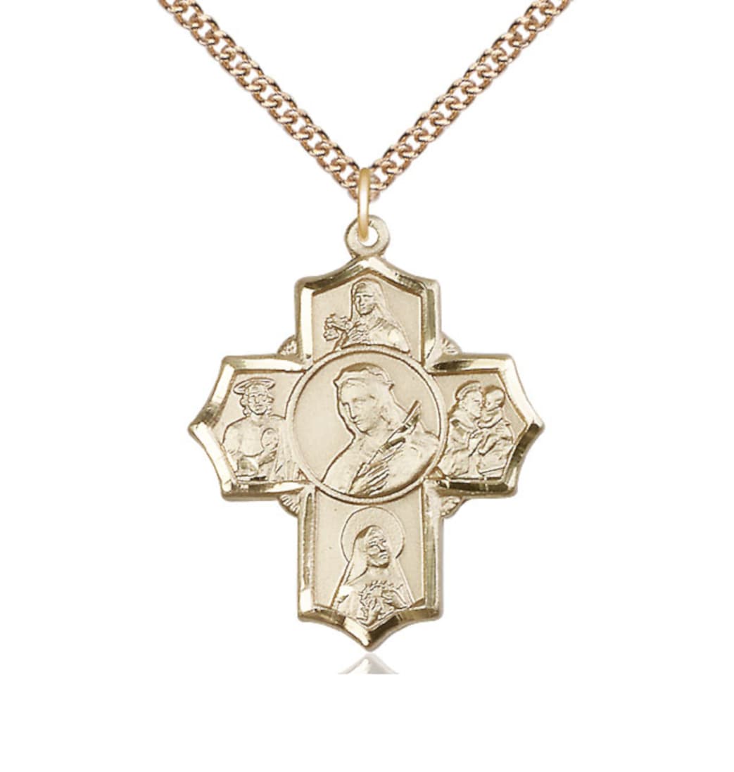 Bliss 5-Way 14kt Gold Cross St Philomena, Theresa, Rita, Anthony & Jude Medal with Curb Chain,