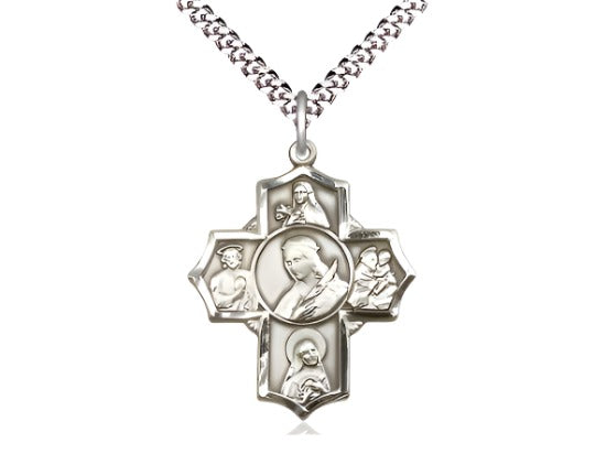 Sterling 5-Way Cross St Philomena, Theresa, Rita, Anthony & Jude Medal Necklace