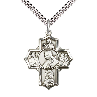 Sterling Silver 5-Way Cross Medal with Plated Chain, Saints Philomena, Theresa, Rita, Anthony & Jude, Bliss Manufacturing