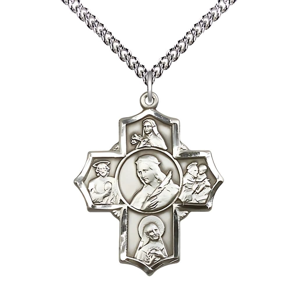 Bliss Sterling Silver 5-Way Cross Medal with Sterling Curb Chain, Saints Philomena, Theresa, Rita, Anthony & Jude,