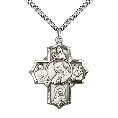 Sterling Silver 5-Way Cross Medal with Sterling Curb Chain, Saints Philomena, Theresa, Rita, Anthony & Jude, Bliss Manufacturing