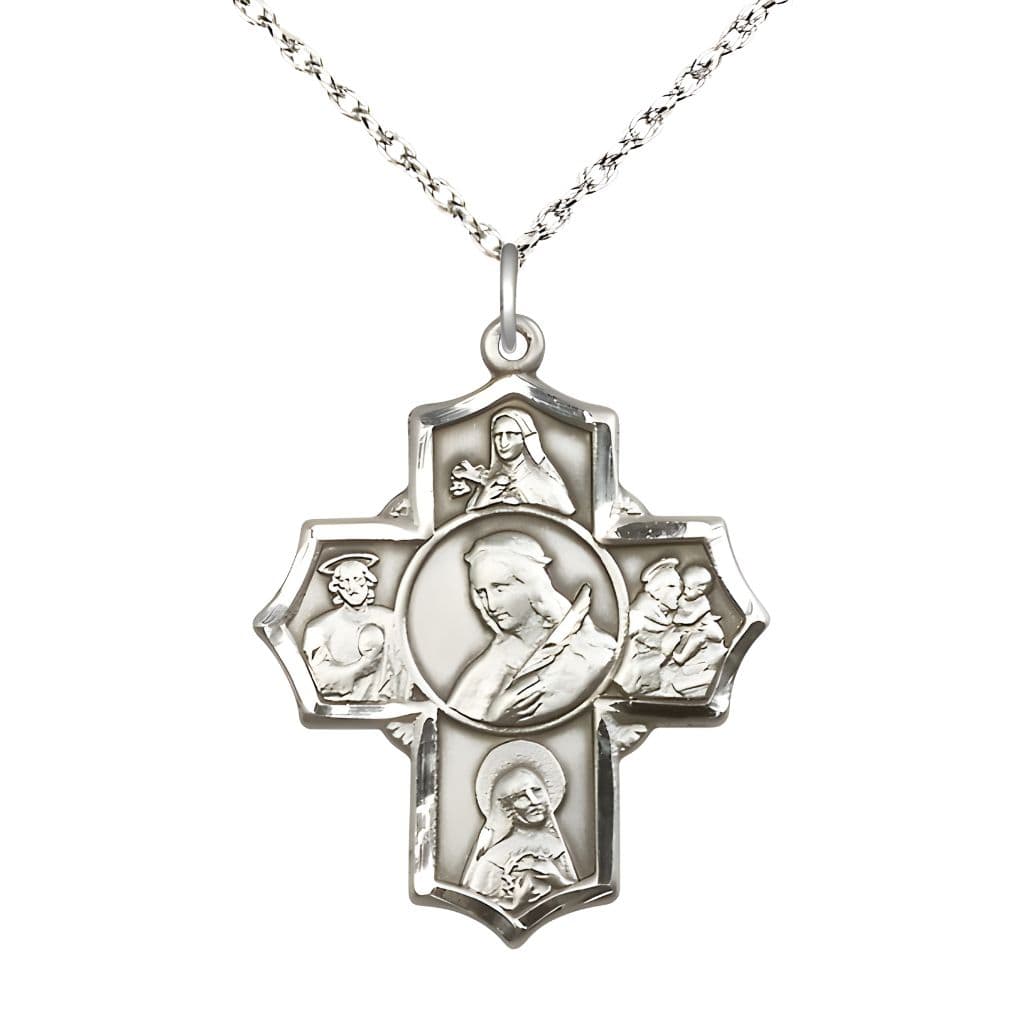 Bliss Sterling Silver 5-Way Cross Medal with Sterling Rope Chain, Saints Philomena, Theresa, Rita, Anthony & Jude,