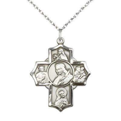 Sterling Silver 5-Way Cross Medal with Sterling Rope Chain, Saints Philomena, Theresa, Rita, Anthony & Jude, Bliss Manufacturing