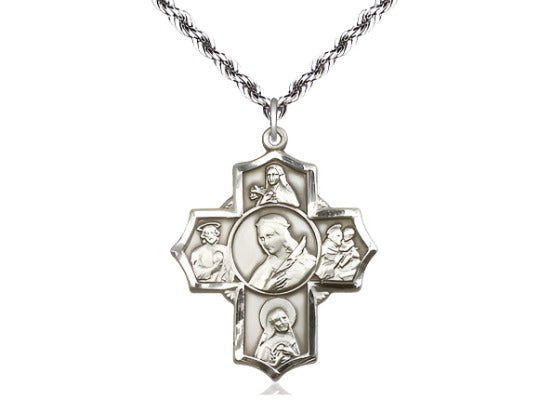 5-Way Cross St Philomena, Theresa, Rita, Anthony & Jude Medal Necklace w/Plated French Chain