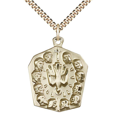 Twelve Apostles with Holy Spirit Gold-filled Medal with Gold-plated Chain, Measures 1 1/4-inch tall by 1 - inch wide, Bliss Manufacturing