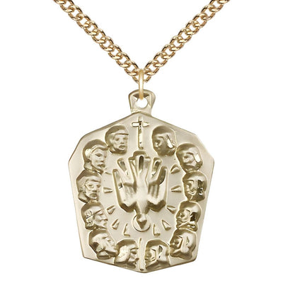 Twelve Apostles with Holy Spirit Gold-filled Medal with Gold-filled Chain, Measures 1 1/4-inch tall by 1 - inch wide, Bliss Manufacturing
