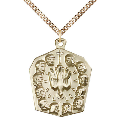12 Apostles 14kt Gold Medal Pendant with Gold Chain, Measures 1 1/4-inch tall by 1 - inch wide, C09 Chain, Bliss Manufacturing