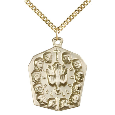 12 Apostles 14kt Gold Medal Pendant with Gold Chain, Measures 1 1/4-inch tall by 1 - inch wide, C10 Chain, Bliss Manufacturing