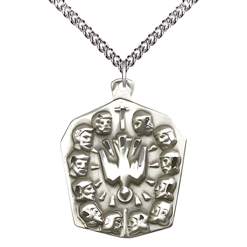 Bliss Twelve Apostles with the Holy Spirit in the center Sterling Silver Medal with Sterling Silver Heavy Curb Chain.