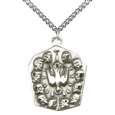 Twelve Apostles with the Holy Spirit in the center Sterling Silver Medal with Sterling Silver Heavy Curb Chain, Bliss Manufacturing