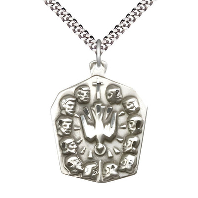 Twelve Apostles with the Holy Spirit in the center Sterling Silver Medal with Rhodium-plated Heavy Curb Chain, Bliss Manufacturing