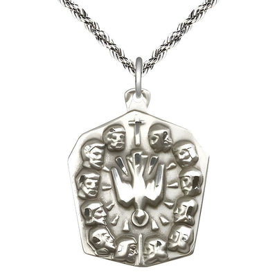 Twelve Apostles with the Holy Spirit in the center Sterling Silver Medal with Sterling Silver French Rope Chain, Bliss Manufacturing
