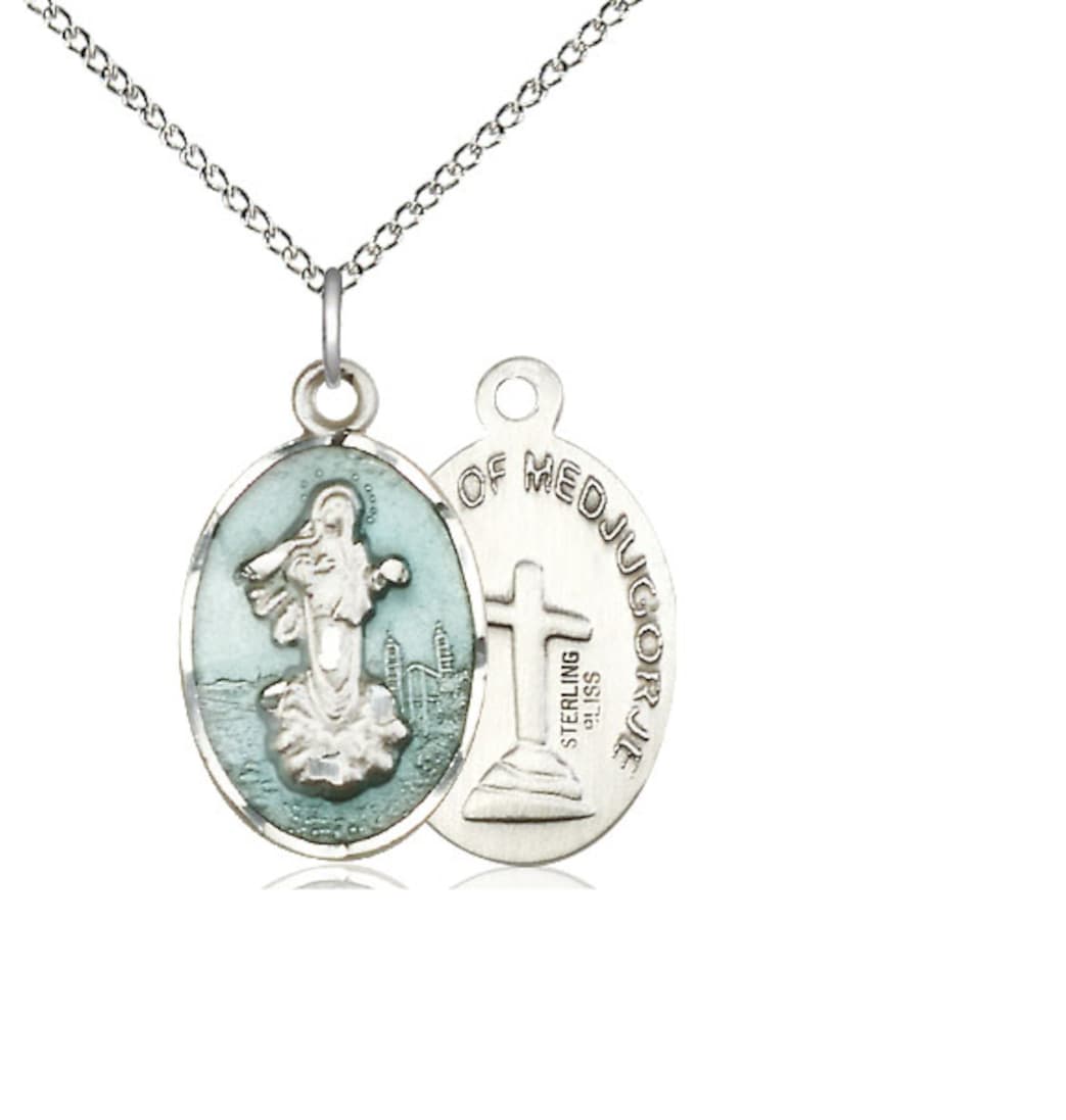 Bliss Blue Epoxy Our Lady of Medugorje Sterling Medal with Sterling Chain,