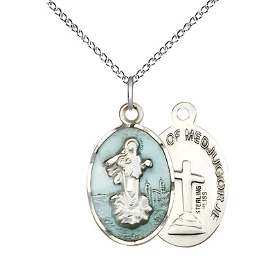Blue Epoxy Our Lady of Medugorje Catholic Patron Saint Medal 7/8-inch with Sterling Silver Chain, Bliss Manufacturing