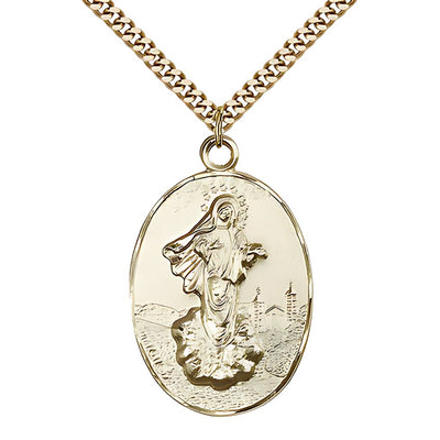 Our Lady of Medugorje 14kt Gold-filled 1 3/8-inch Pendant on a 24 inch Gold-plated Heavy Curb Chain, Bliss Manufacturing